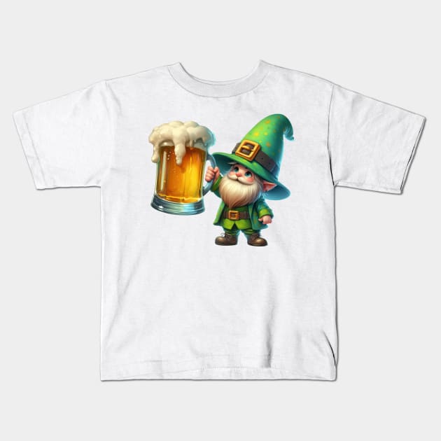 St Patricks Day Gnome Drinking Beer Kids T-Shirt by Chromatic Fusion Studio
